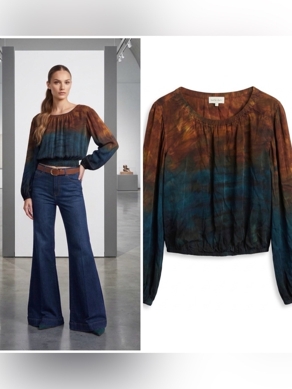 Bella Dahl Multi-Tone Rust Navy Ombre Smocked Trim Long Sleeve Crop Boho Top S